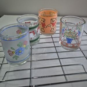 Colorful Glass Votive Candle Holders Set 4 Flowers Bears Bells